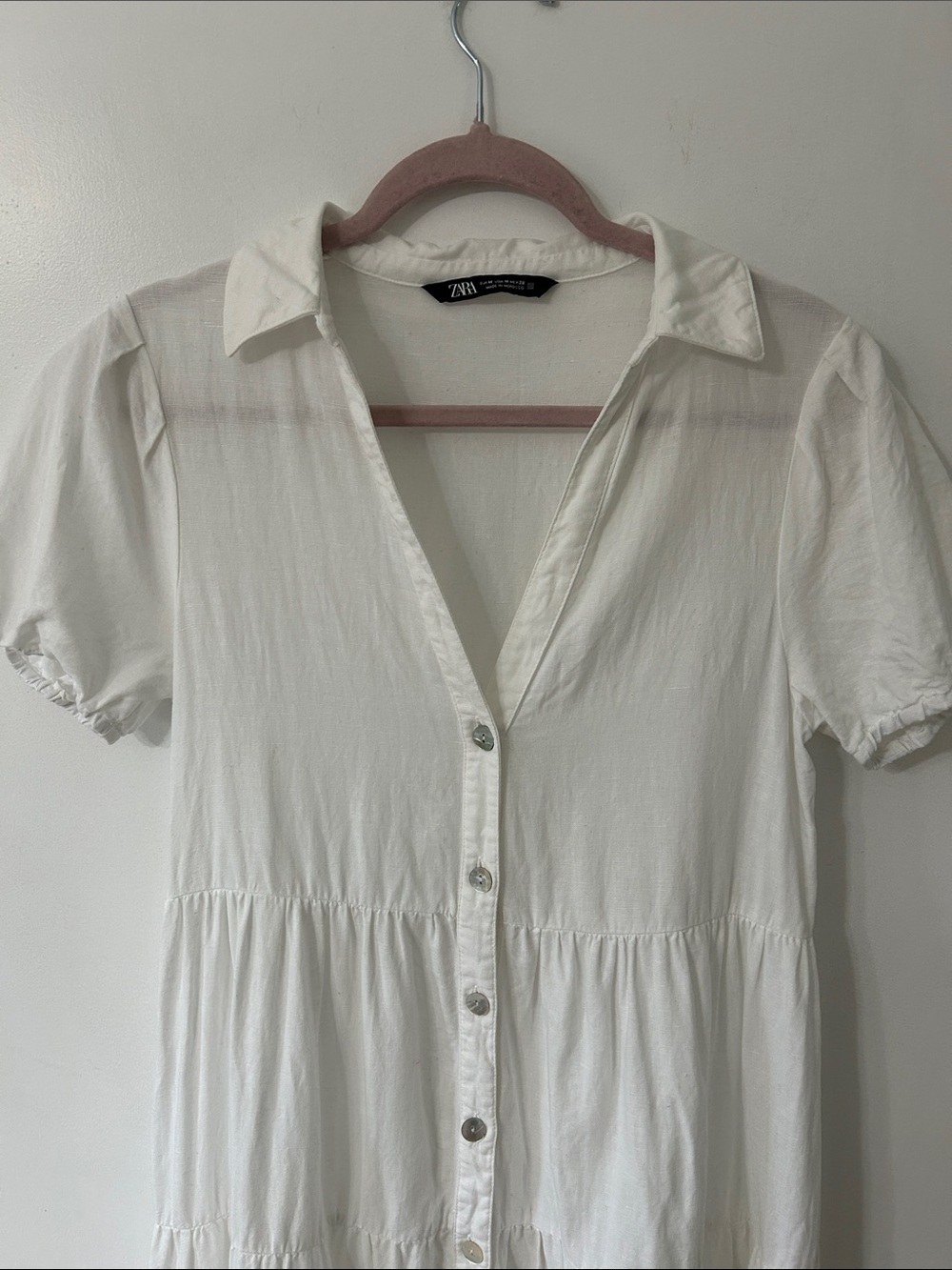 Zara Dress Linen Maxi Medium White Button-Front Tiered Cottagecore Puff Sleeve - Picture 2 of 14